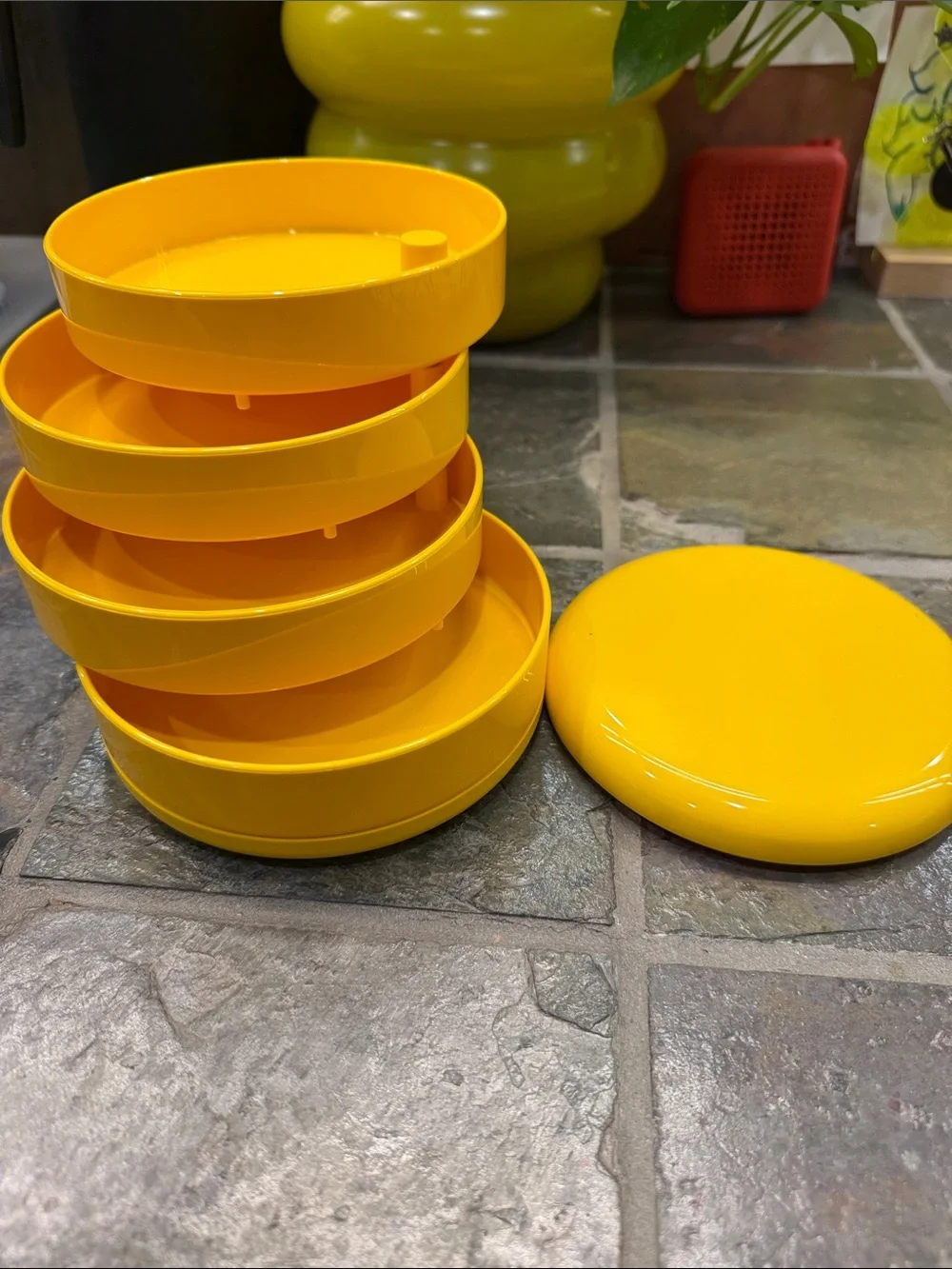 Vintage MCM Inter Design bright yellow swivel jewelry caddy